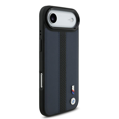 Apple iPhone 17 Air Kılıf BMW Orjinal Lisanslı M-safe Şarj Özellikli Deri Arka Yüzey Metal Logolu Delikli Şerit Tasarımlı Kapak  Lacivert