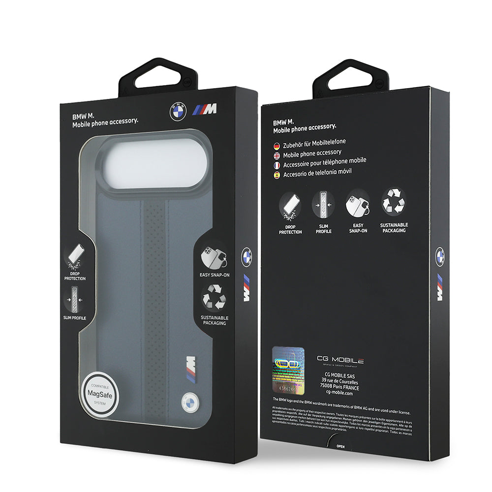 Apple iPhone 17 Air Kılıf BMW Orjinal Lisanslı M-safe Şarj Özellikli Deri Arka Yüzey Metal Logolu Delikli Şerit Tasarımlı Kapak  Mavi