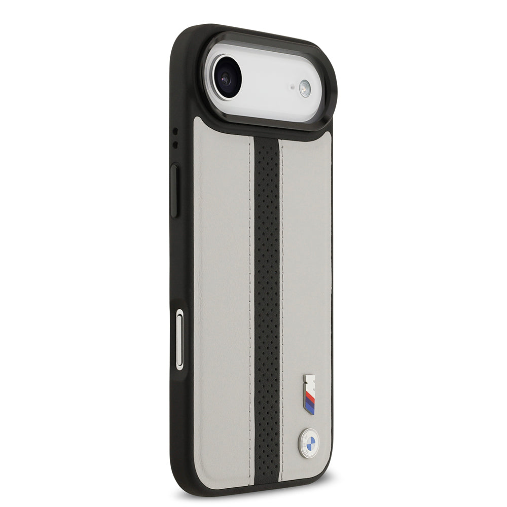 Apple iPhone 17 Air Kılıf BMW Orjinal Lisanslı M-safe Şarj Özellikli Deri Arka Yüzey Metal Logolu Delikli Şerit Tasarımlı Kapak  Gri