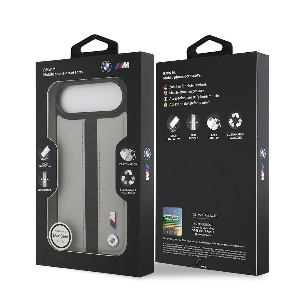 Apple iPhone 17 Air Kılıf BMW Orjinal Lisanslı M-safe Şarj Özellikli Deri Arka Yüzey Metal Logolu Delikli Şerit Tasarımlı Kapak  Gri