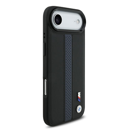 Apple iPhone 17 Air Kılıf BMW Orjinal Lisanslı M-safe Şarj Özellikli Deri Arka Yüzey Metal Logolu Delikli Şerit Tasarımlı Kapak  Mavi