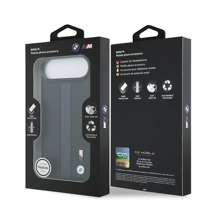 Apple iPhone 17 Air Kılıf BMW Orjinal Lisanslı M-safe Şarj Özellikli Deri Arka Yüzey Metal Logolu Delikli Şerit Tasarımlı Kapak  Gri