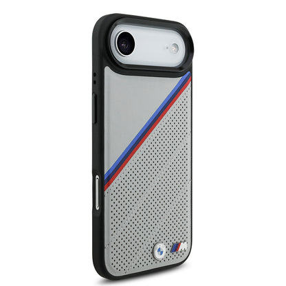 Apple iPhone 17 Air Kılıf BMW Orjinal Lisanslı M-safe Şarj Özellikli M Logolu Üç Şeritli Delikli Deri Kapak Gri