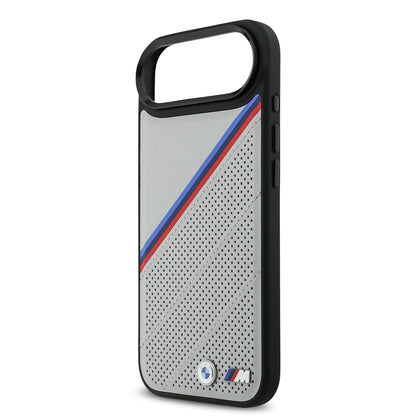 Apple iPhone 17 Air Kılıf BMW Orjinal Lisanslı M-safe Şarj Özellikli M Logolu Üç Şeritli Delikli Deri Kapak Siyah