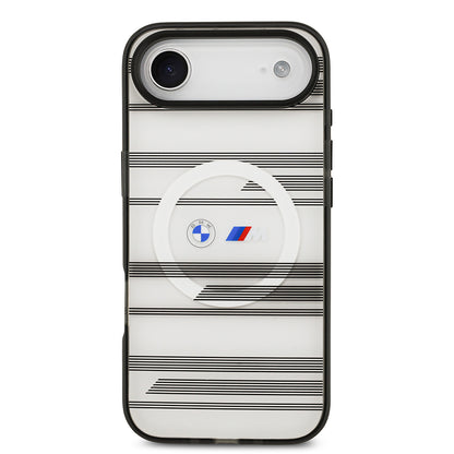 Apple iPhone 17 Air Kılıf BMW Orjinal Lisanslı M-safe Şarj Özellikli Metal Kamera Butonlu Yatay Şeritli M Dizayn Kapak Gümüş