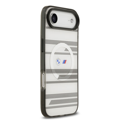 Apple iPhone 17 Air Kılıf BMW Orjinal Lisanslı M-safe Şarj Özellikli Metal Kamera Butonlu Yatay Şeritli M Dizayn Kapak Gümüş