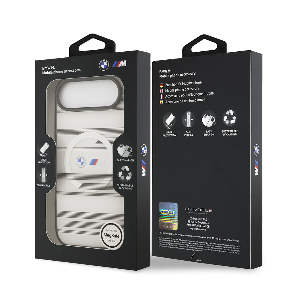 Apple iPhone 17 Air Kılıf BMW Orjinal Lisanslı M-safe Şarj Özellikli Metal Kamera Butonlu Yatay Şeritli M Dizayn Kapak Siyah