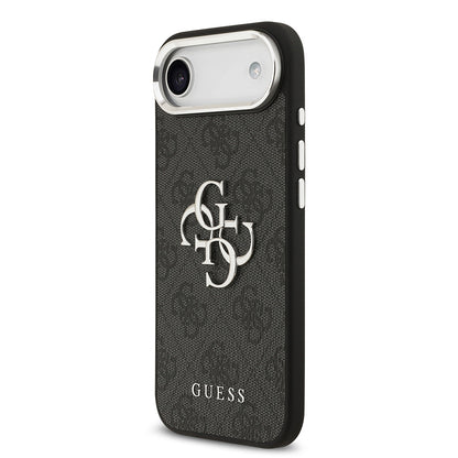 Apple iPhone 17 Air Kılıf Guess Orjinal Lisanslı Gümüş Metal Kamera Çerçeveli 4G Desenli Metal Büyük 4G ve Yazı Logolu Kapak Siyah