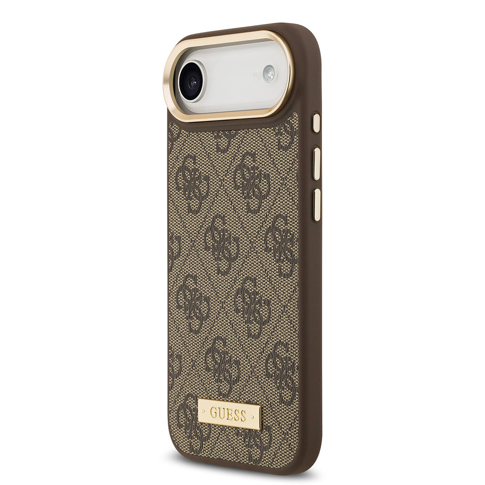 Apple iPhone 17 Air Kılıf Guess Orjinal Lisanslı M-safe Şarj Özellikli 4G Desenli PU Metal Plaka Klasik Logolu Kapak Kahverengi