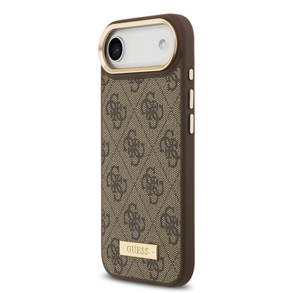 Apple iPhone 17 Air Kılıf Guess Orjinal Lisanslı M-safe Şarj Özellikli 4G Desenli PU Metal Plaka Klasik Logolu Kapak Kahverengi