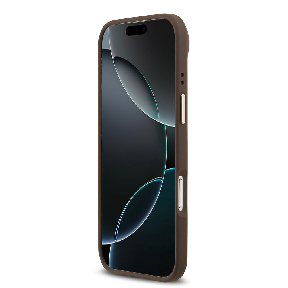 Apple iPhone 17 Air Kılıf Guess Orjinal Lisanslı M-safe Şarj Özellikli Gold Metal Kamera Çerçeveli PU Deri 4G Desenli Yazı Logolu Kapak Pembe