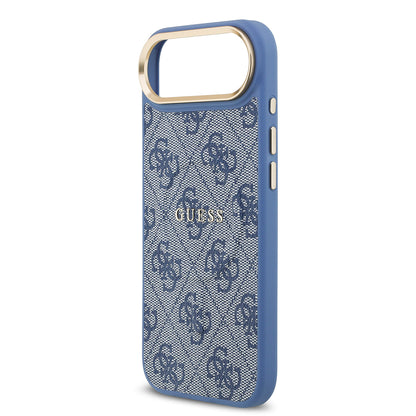 Apple iPhone 17 Air Kılıf Guess Orjinal Lisanslı M-safe Şarj Özellikli Gold Metal Kamera Çerçeveli PU Deri 4G Desenli Yazı Logolu Kapak Siyah