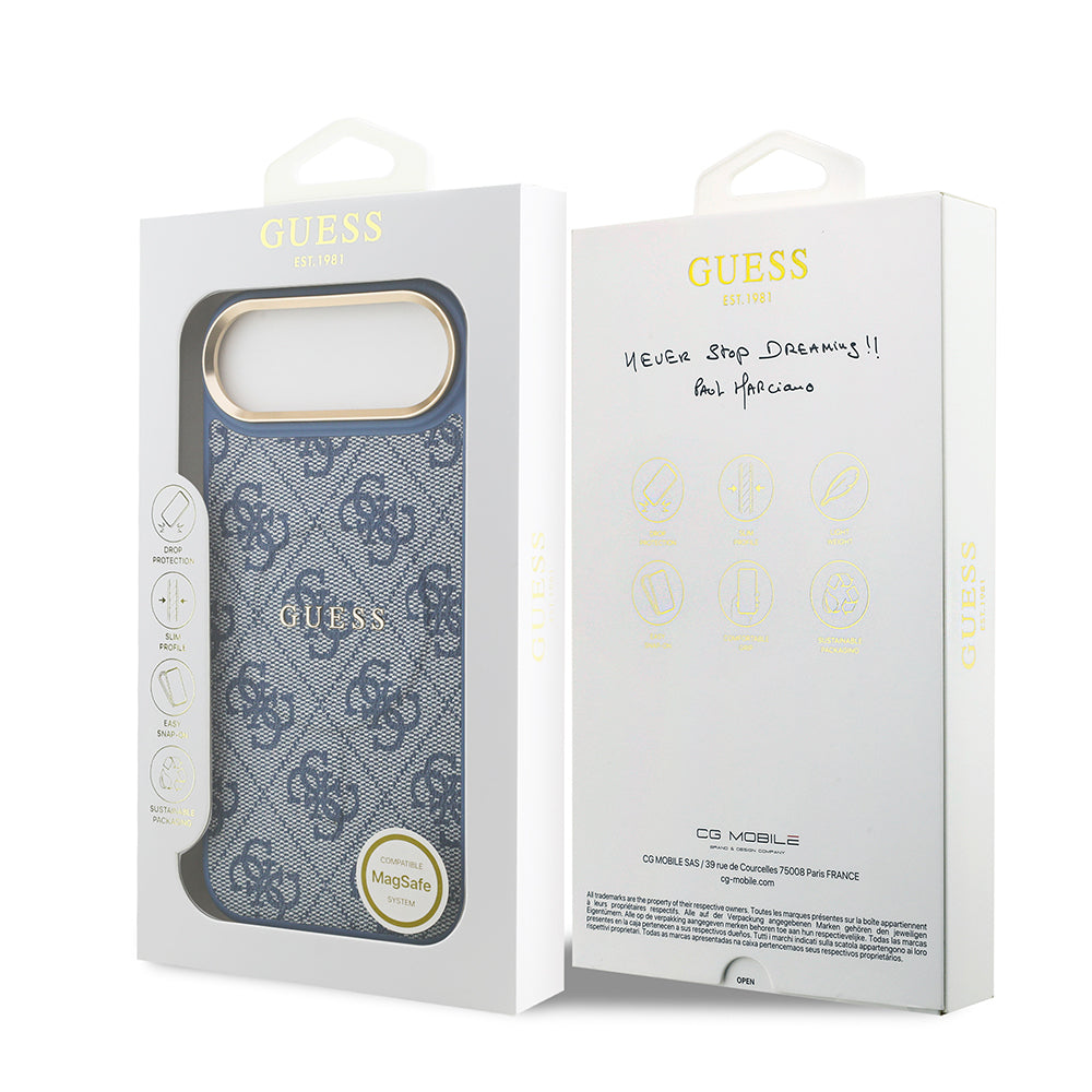 Apple iPhone 17 Air Kılıf Guess Orjinal Lisanslı M-safe Şarj Özellikli Gold Metal Kamera Çerçeveli PU Deri 4G Desenli Yazı Logolu Kapak Siyah