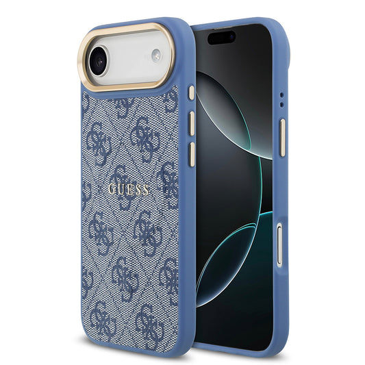 Apple iPhone 17 Air Kılıf Guess Orjinal Lisanslı M-safe Şarj Özellikli Gold Metal Kamera Çerçeveli PU Deri 4G Desenli Yazı Logolu Kapak Mavi