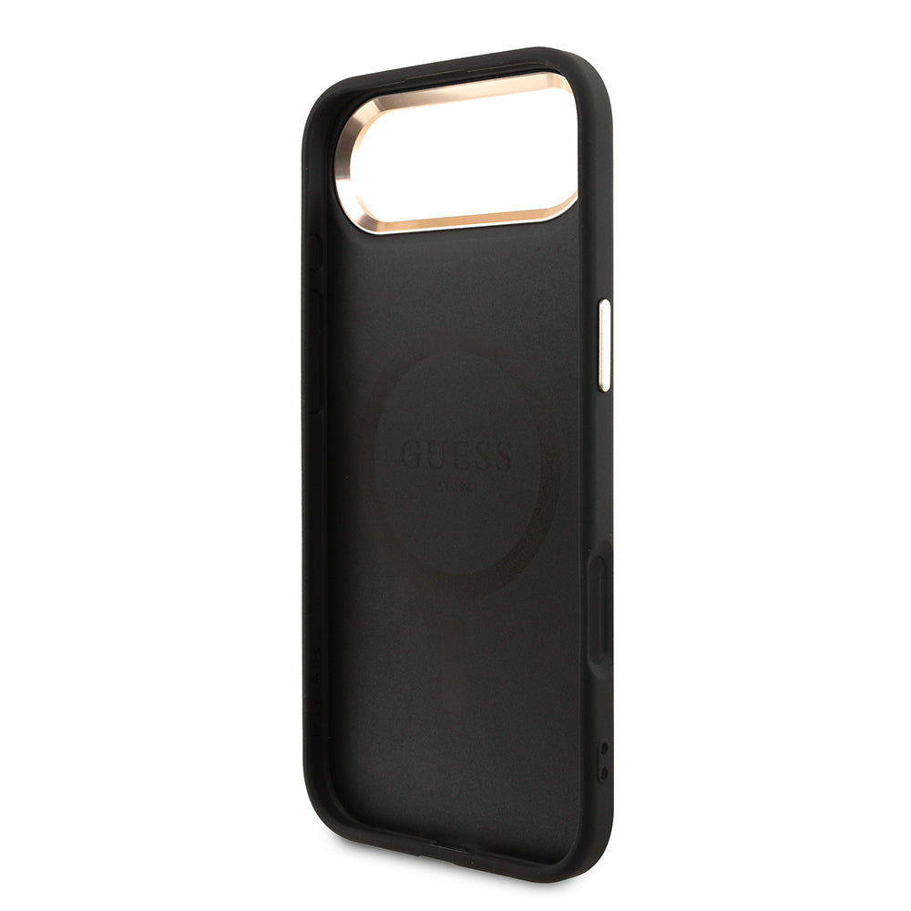 Apple iPhone 17 Air Kılıf Guess Orjinal Lisanslı M-safe Şarj Özellikli Gold Metal Kamera Çerçeveli Taşlı Üçgen Logo 4G Desenli Kapak Siyah