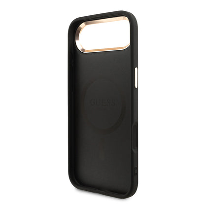 Apple iPhone 17 Air Kılıf Guess Orjinal Lisanslı M-safe Şarj Özellikli Gold Metal Kamera Çerçeveli Taşlı Üçgen Logo 4G Desenli Kapak Siyah