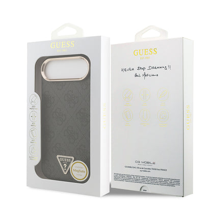 Apple iPhone 17 Air Kılıf Guess Orjinal Lisanslı M-safe Şarj Özellikli Gold Metal Kamera Çerçeveli Taşlı Üçgen Logo 4G Desenli Kapak Pembe