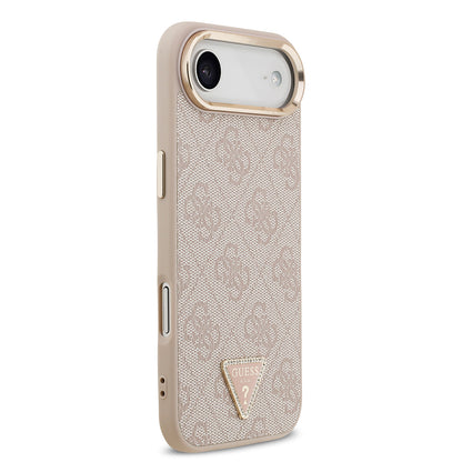 Apple iPhone 17 Air Kılıf Guess Orjinal Lisanslı M-safe Şarj Özellikli Gold Metal Kamera Çerçeveli Taşlı Üçgen Logo 4G Desenli Kapak Pembe