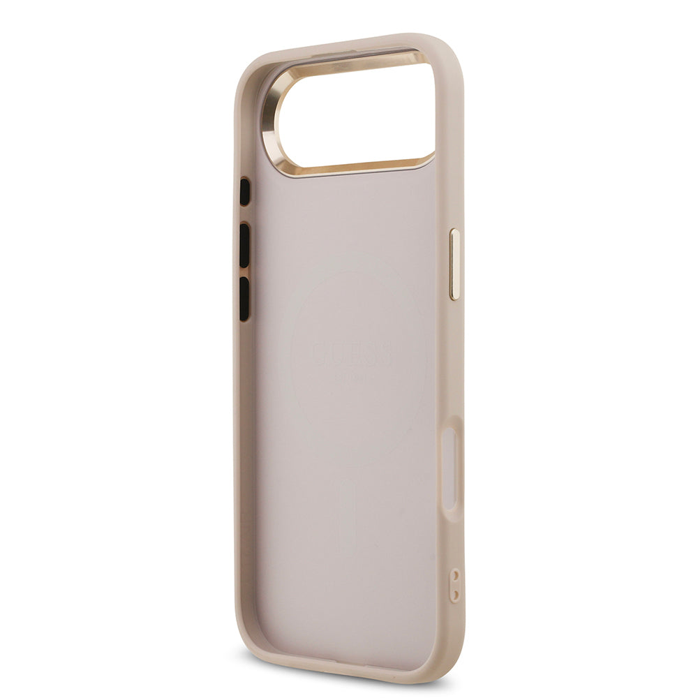 Apple iPhone 17 Air Kılıf Guess Orjinal Lisanslı M-safe Şarj Özellikli Gold Metal Kamera Çerçeveli Taşlı Üçgen Logo 4G Desenli Kapak Pembe