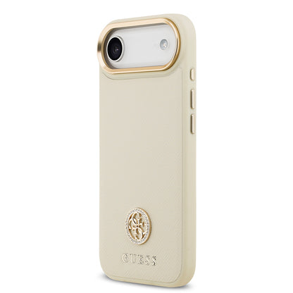 Apple iPhone 17 Air Kılıf Guess Orjinal Lisanslı M-safe Şarj Özellikli Grained Yazı ve Taşlı 4G Logolu Kapak Kahverengi