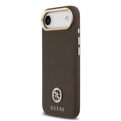 Apple iPhone 17 Air Kılıf Guess Orjinal Lisanslı M-safe Şarj Özellikli Grained Yazı ve Taşlı 4G Logolu Kapak Bej