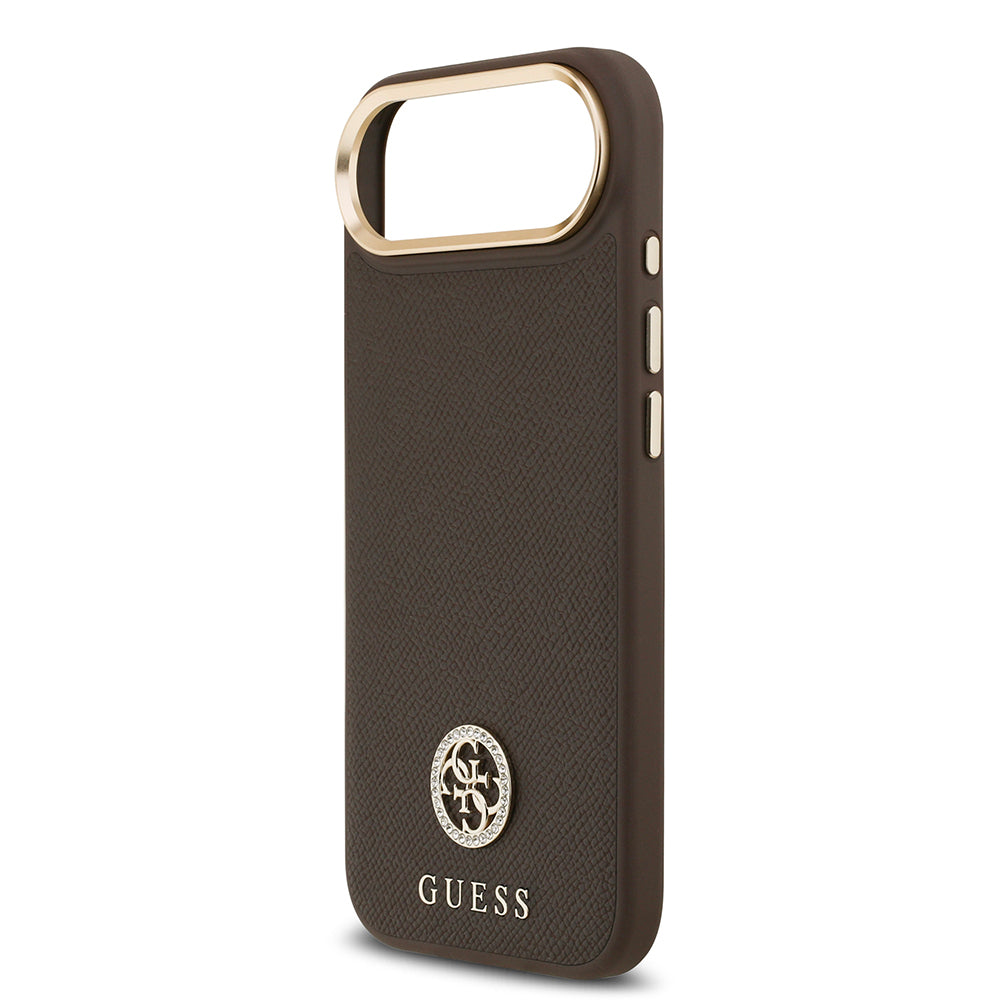 Apple iPhone 17 Air Kılıf Guess Orjinal Lisanslı M-safe Şarj Özellikli Grained Yazı ve Taşlı 4G Logolu Kapak Kahverengi