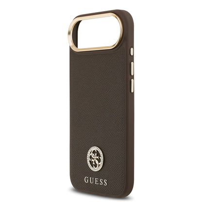 Apple iPhone 17 Air Kılıf Guess Orjinal Lisanslı M-safe Şarj Özellikli Grained Yazı ve Taşlı 4G Logolu Kapak Kahverengi