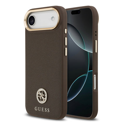 Apple iPhone 17 Air Kılıf Guess Orjinal Lisanslı M-safe Şarj Özellikli Grained Yazı ve Taşlı 4G Logolu Kapak Kahverengi