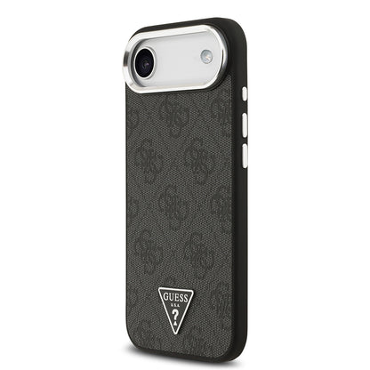 Apple iPhone 17 Air Kılıf Guess Orjinal Lisanslı M-safe Şarj Özellikli Gümüş Metal Kamera Çerçeveli Üçgen Logo 4G Desenli Kapak Siyah