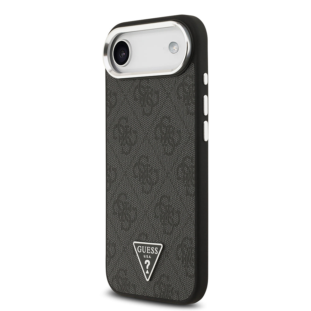 Apple iPhone 17 Air Kılıf Guess Orjinal Lisanslı M-safe Şarj Özellikli Gümüş Metal Kamera Çerçeveli Üçgen Logo 4G Desenli Kapak Kahverengi