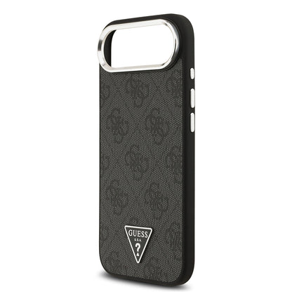 Apple iPhone 17 Air Kılıf Guess Orjinal Lisanslı M-safe Şarj Özellikli Gümüş Metal Kamera Çerçeveli Üçgen Logo 4G Desenli Kapak Siyah