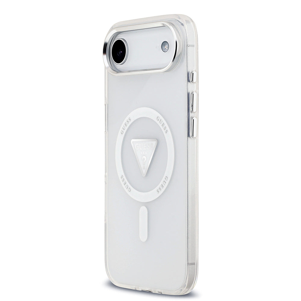 Apple iPhone 17 Air Kılıf Guess Orjinal Lisanslı M-safe Şarj Özellikli IML Baskılı Üçgen Logolu Metal Kamera Çerçeveli Kapak Şeffaf