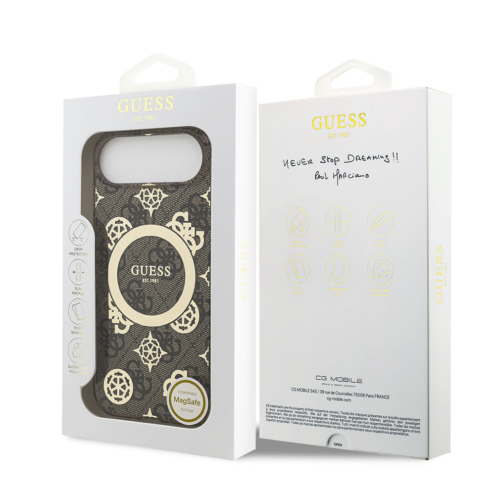 Apple iPhone 17 Air Kılıf Guess Orjinal Lisanslı M-safe Şarj Özellikli IML Peony ve 4G Desenli Klasik Logolu Kapak Kahverengi