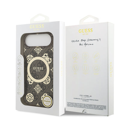 Apple iPhone 17 Air Kılıf Guess Orjinal Lisanslı M-safe Şarj Özellikli IML Peony ve 4G Desenli Klasik Logolu Kapak Kahverengi