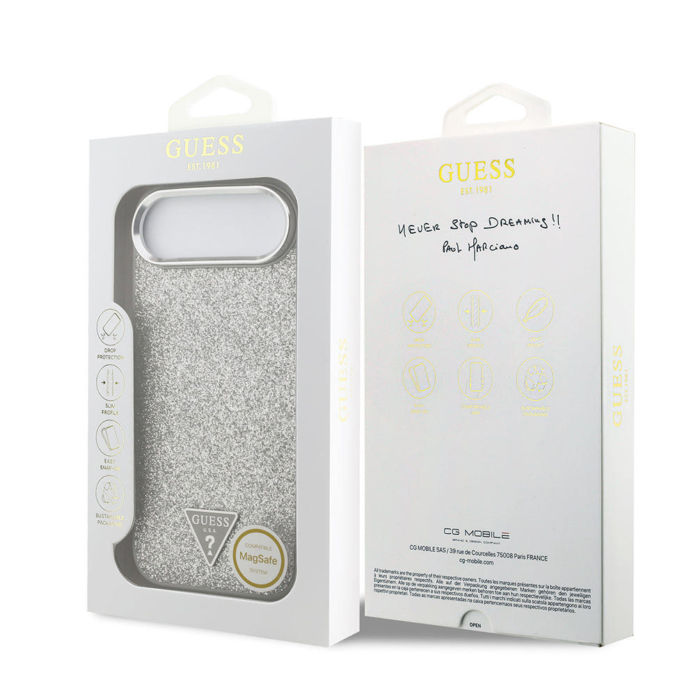 Apple iPhone 17 Air Kılıf Guess Orjinal Lisanslı M-safe Şarj Özellikli Metal Kamera Çerçeveli Üçgen Logolu Glitter Kapak Pembe