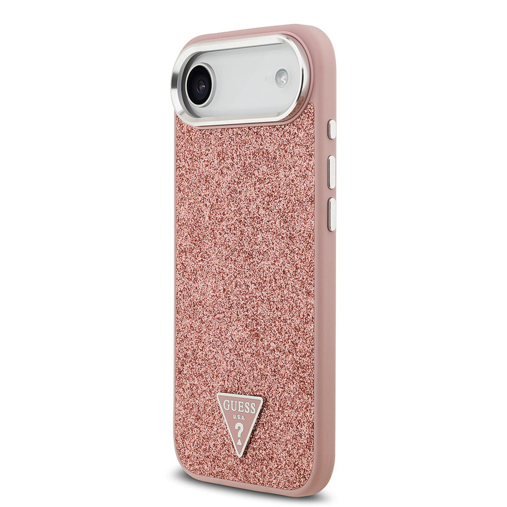 Apple iPhone 17 Air Kılıf Guess Orjinal Lisanslı M-safe Şarj Özellikli Metal Kamera Çerçeveli Üçgen Logolu Glitter Kapak Pembe