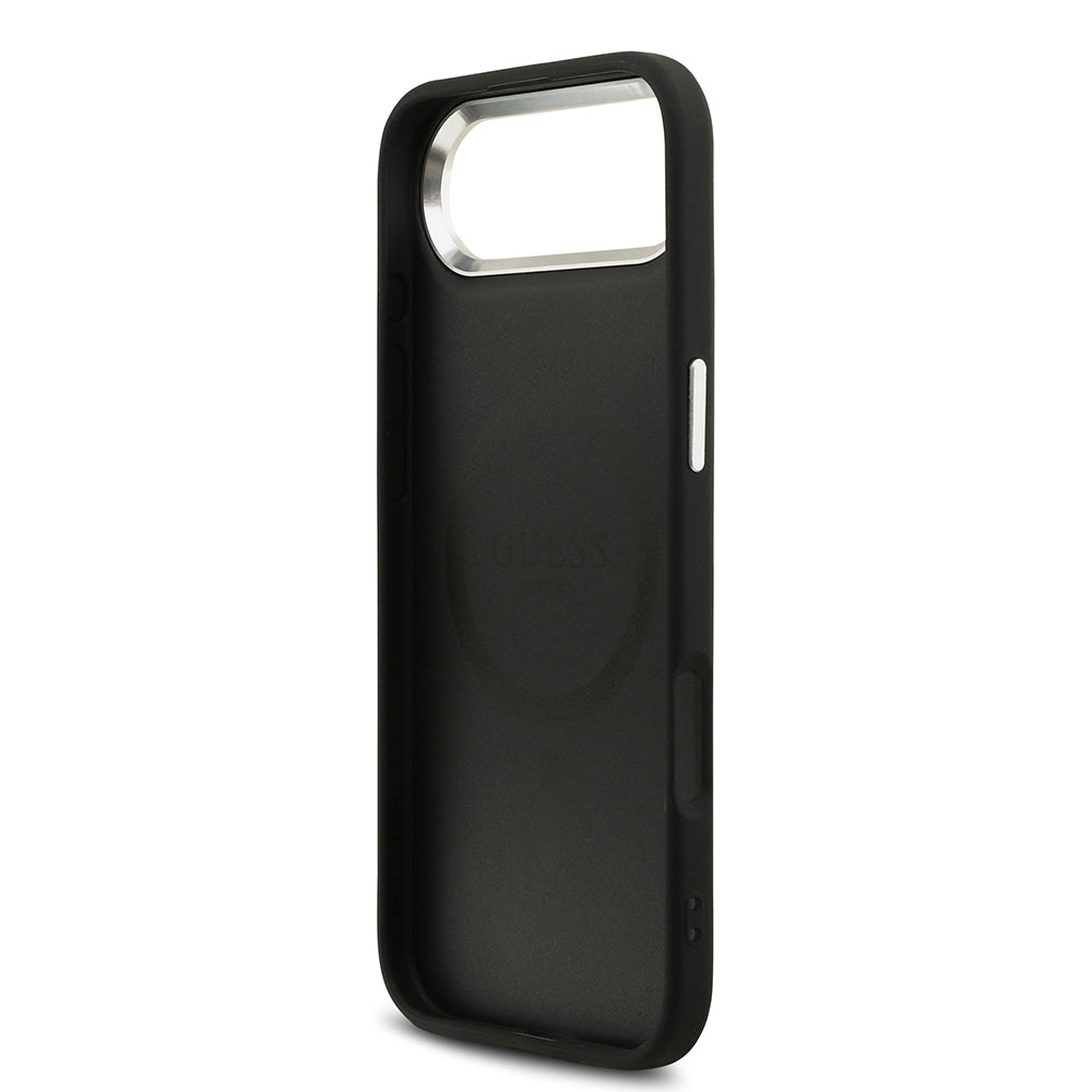 Apple iPhone 17 Air Kılıf Guess Orjinal Lisanslı M-safe Şarj Özellikli Sıcak Baskılı Klasik Yazı Logolu PU Deri Peony Kapak Siyah