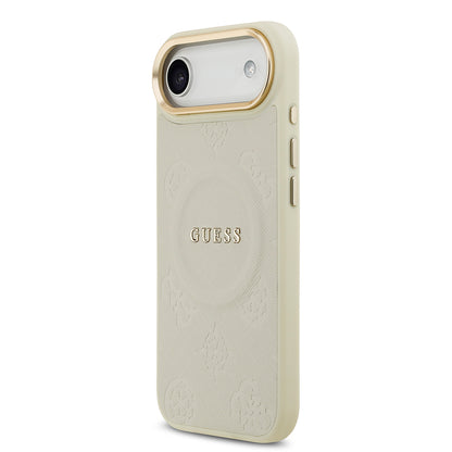 Apple iPhone 17 Air Kılıf Guess Orjinal Lisanslı M-safe Şarj Özellikli Sıcak Baskılı Yazı Logolu PU Deri Peony Kapak Pembe