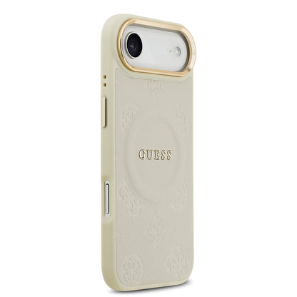 Apple iPhone 17 Air Kılıf Guess Orjinal Lisanslı M-safe Şarj Özellikli Sıcak Baskılı Yazı Logolu PU Deri Peony Kapak Bej
