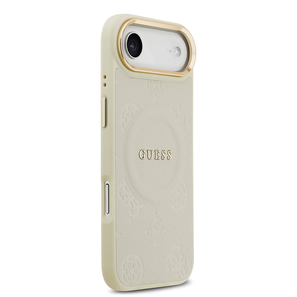 Apple iPhone 17 Air Kılıf Guess Orjinal Lisanslı M-safe Şarj Özellikli Sıcak Baskılı Yazı Logolu PU Deri Peony Kapak Kahverengi