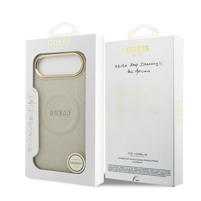 Apple iPhone 17 Air Kılıf Guess Orjinal Lisanslı M-safe Şarj Özellikli Sıcak Baskılı Yazı Logolu PU Deri Peony Kapak Kahverengi