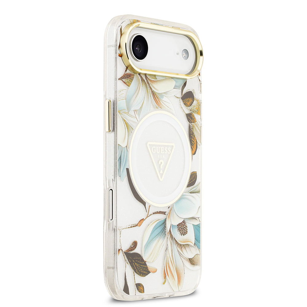 Apple iPhone 17 Air Kılıf Guess Orjinal Lisanslı M-safe Şarj Özellikli Simli Çiçek Desenli Metal Kamera Çerçeveli Üçgen Logolu Kapak Mor