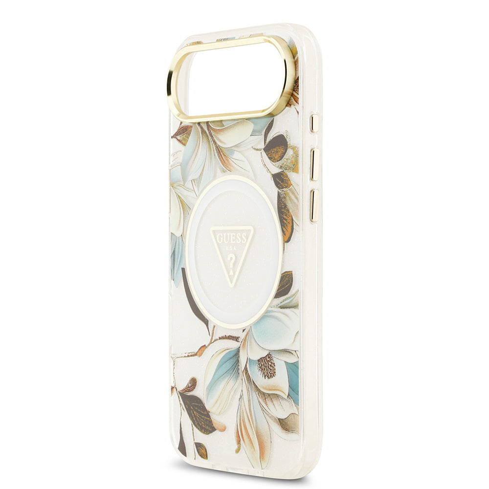 Apple iPhone 17 Air Kılıf Guess Orjinal Lisanslı M-safe Şarj Özellikli Simli Çiçek Desenli Metal Kamera Çerçeveli Üçgen Logolu Kapak Siyah