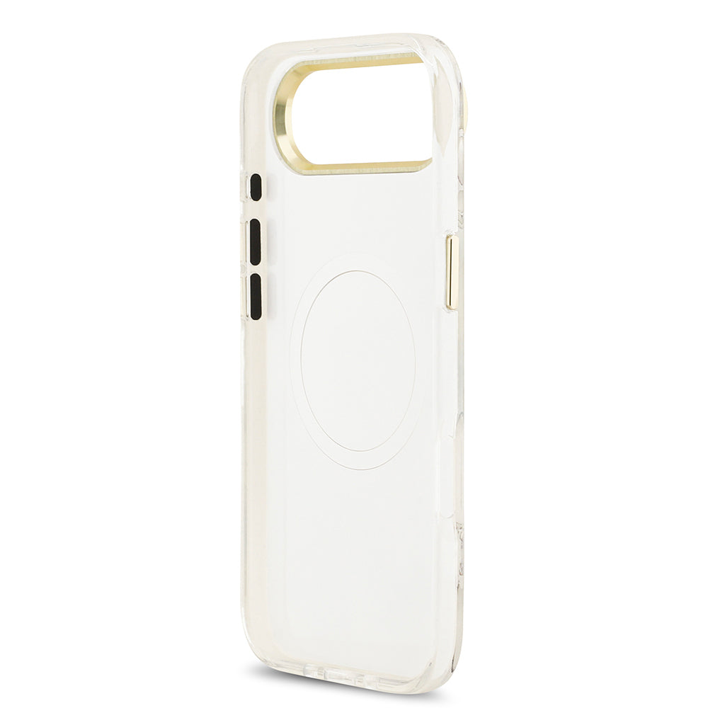 Apple iPhone 17 Air Kılıf Guess Orjinal Lisanslı M-safe Şarj Özellikli Simli Çiçek Desenli Metal Kamera Çerçeveli Üçgen Logolu Kapak Mor