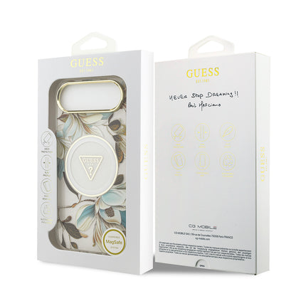 Apple iPhone 17 Air Kılıf Guess Orjinal Lisanslı M-safe Şarj Özellikli Simli Çiçek Desenli Metal Kamera Çerçeveli Üçgen Logolu Kapak Beyaz