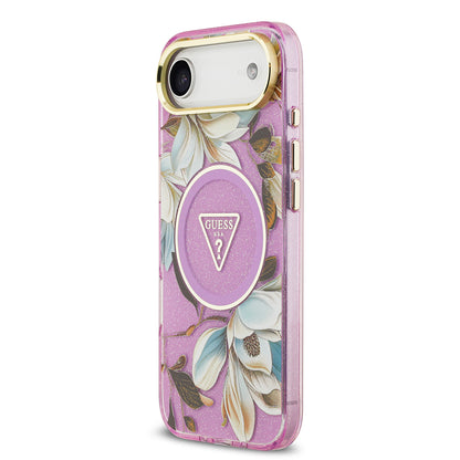 Apple iPhone 17 Air Kılıf Guess Orjinal Lisanslı M-safe Şarj Özellikli Simli Çiçek Desenli Metal Kamera Çerçeveli Üçgen Logolu Kapak Mor