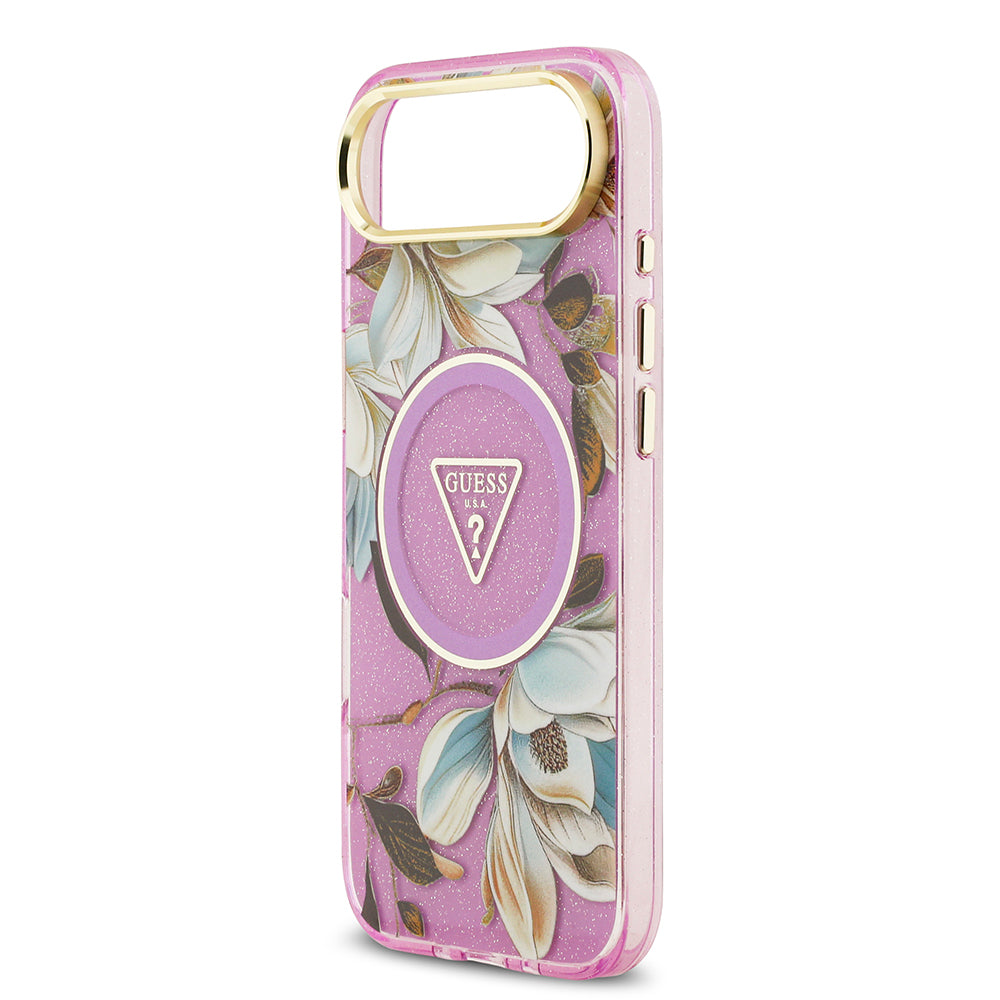 Apple iPhone 17 Air Kılıf Guess Orjinal Lisanslı M-safe Şarj Özellikli Simli Çiçek Desenli Metal Kamera Çerçeveli Üçgen Logolu Kapak Siyah