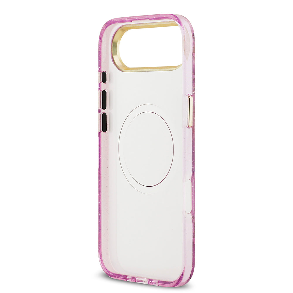 Apple iPhone 17 Air Kılıf Guess Orjinal Lisanslı M-safe Şarj Özellikli Simli Çiçek Desenli Metal Kamera Çerçeveli Üçgen Logolu Kapak Mor