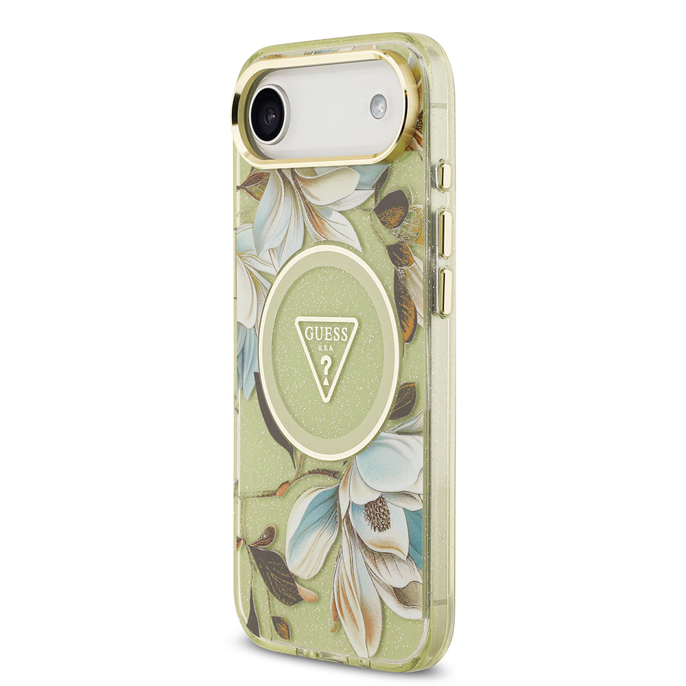 Apple iPhone 17 Air Kılıf Guess Orjinal Lisanslı M-safe Şarj Özellikli Simli Çiçek Desenli Metal Kamera Çerçeveli Üçgen Logolu Kapak Yeşil
