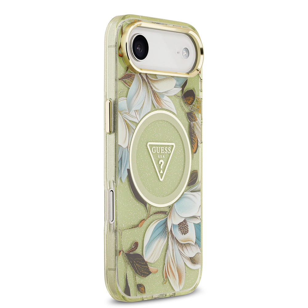 Apple iPhone 17 Air Kılıf Guess Orjinal Lisanslı M-safe Şarj Özellikli Simli Çiçek Desenli Metal Kamera Çerçeveli Üçgen Logolu Kapak Mor